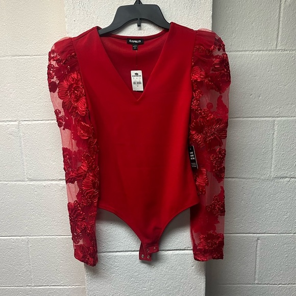 Express Red Bodysuit with Floral Lace Sleeves. Size XS - Picture 1 of 6